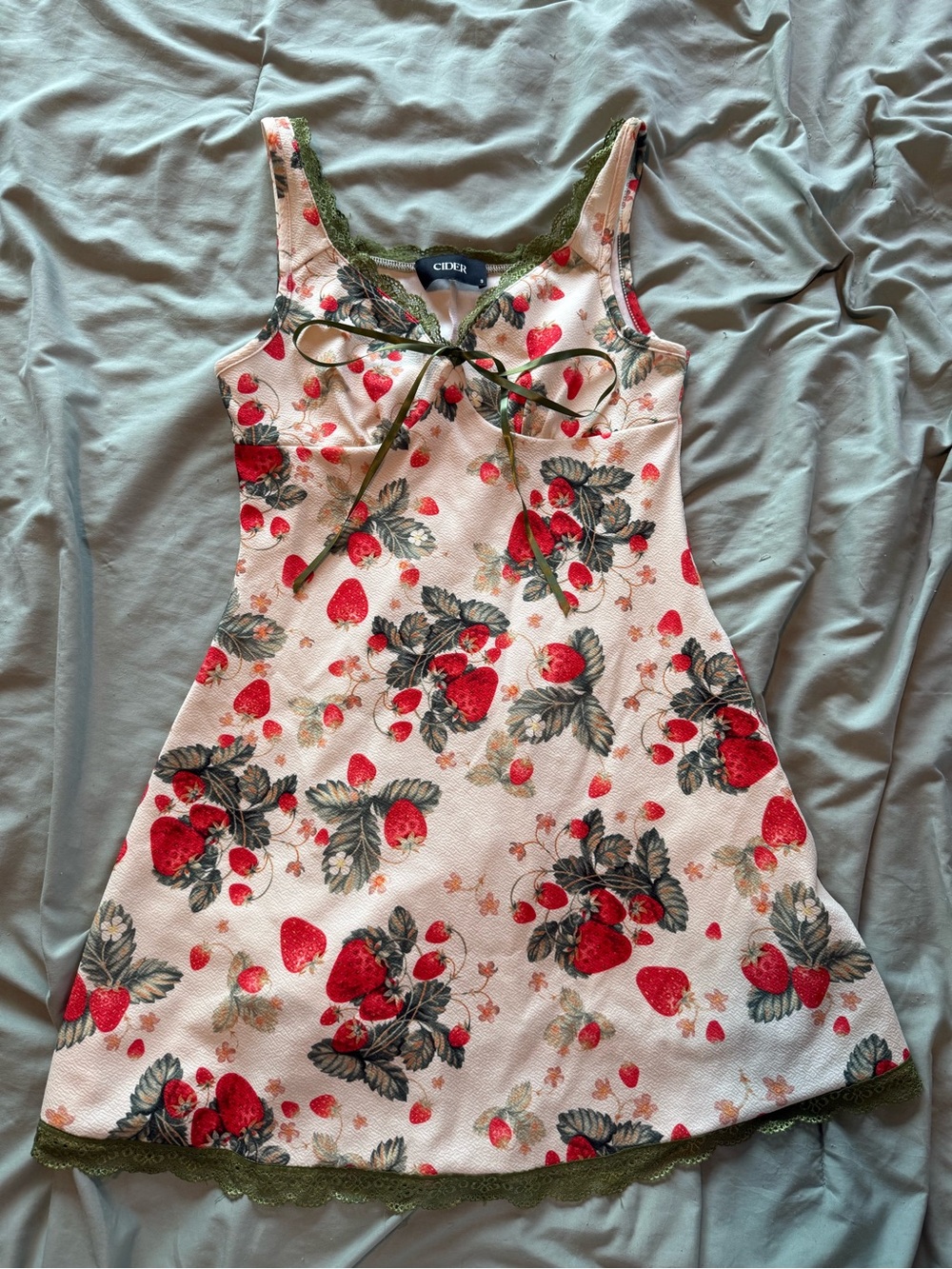 Cider Strawberry Print Pink Dress with Olive Trim